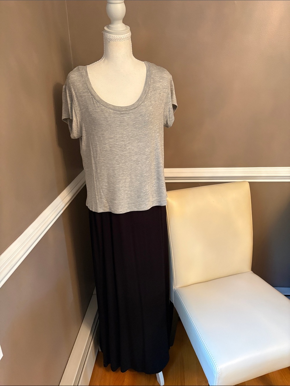 Kate & Mallory Black Maxi Skirt with Grey Top Overlay